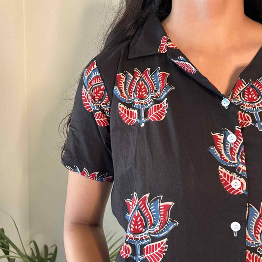 Black Jaipuri Print Pure Cotton Crop Shirt For Women