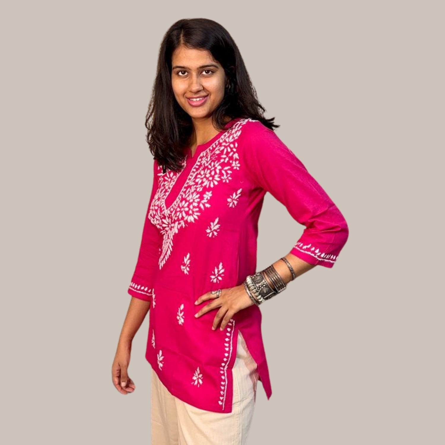 RANI PINK COLOR ORIGINAL CHIKANKARI COTTON SHORT KURTI FOR WOMEN