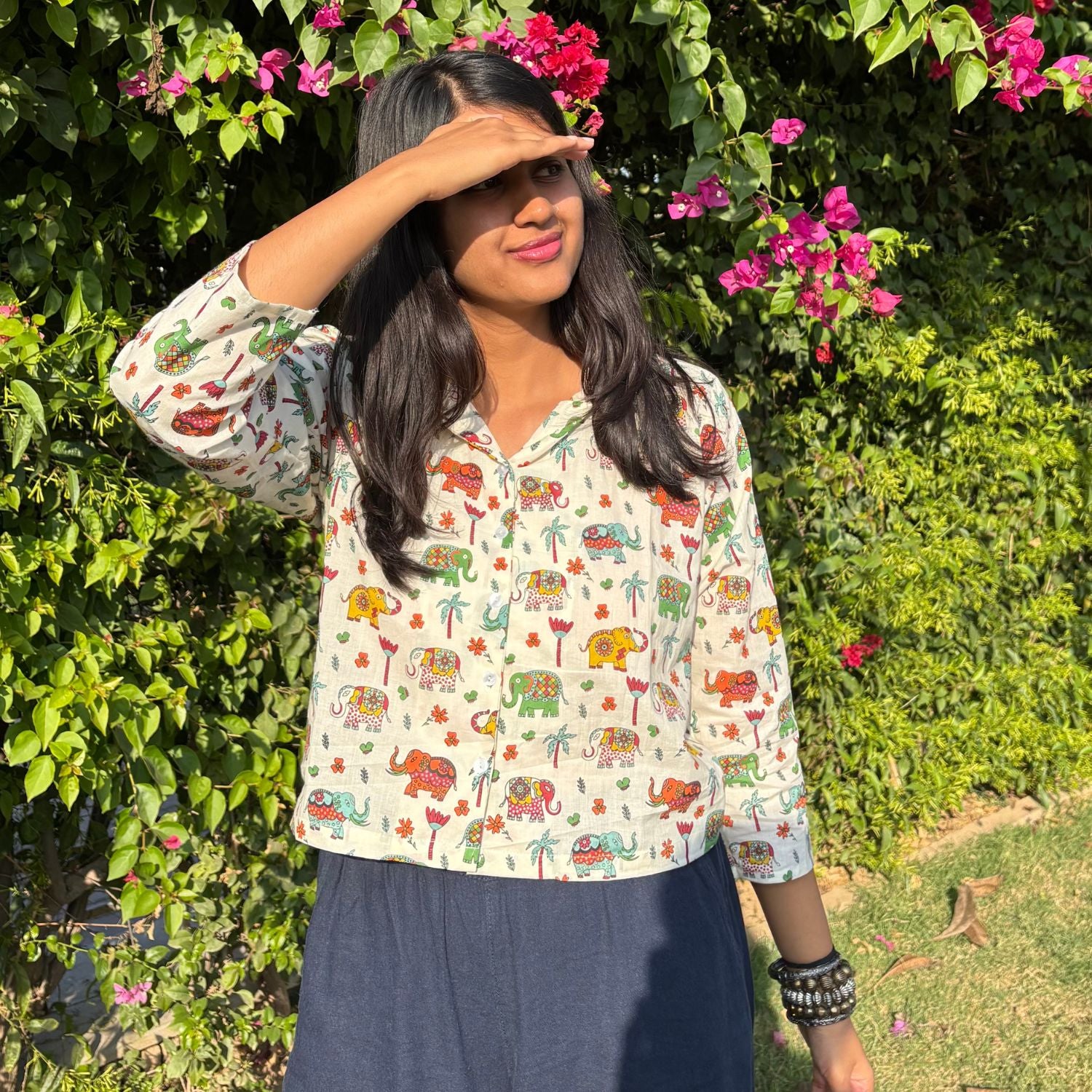 Pure Cotton Elephant Print Multi Color Crop Shirt For Women
