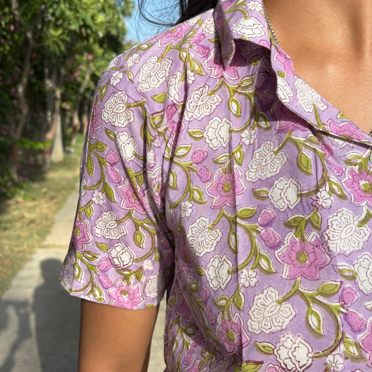 Block Print Pure Cotton Crop Shirt Light Purple Color For Women