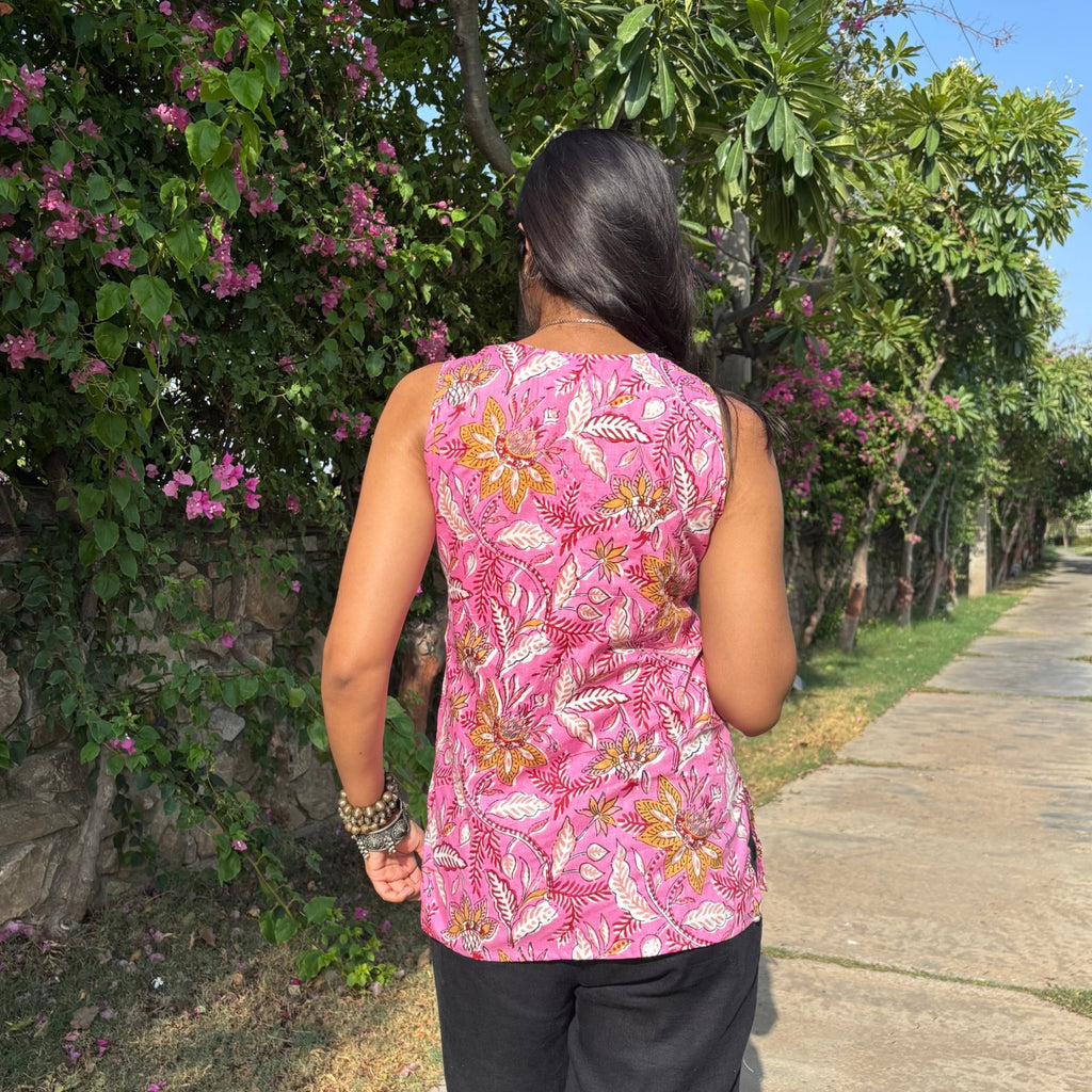 Cut Sleeves Pure Cotton Pink Color Jaipuri Print Short Kurti For Women