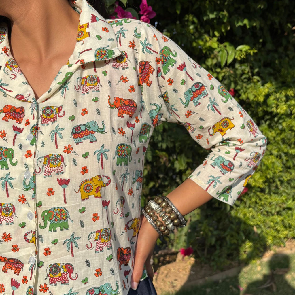 Pure Cotton Elephant Print Multi Color Crop Shirt For Women