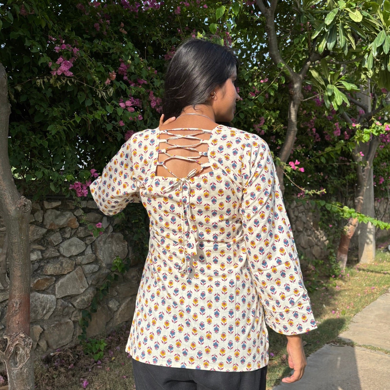 Pure Cotton Full Sleeves White Printed Short Kurti With Back Zig Zag Dori