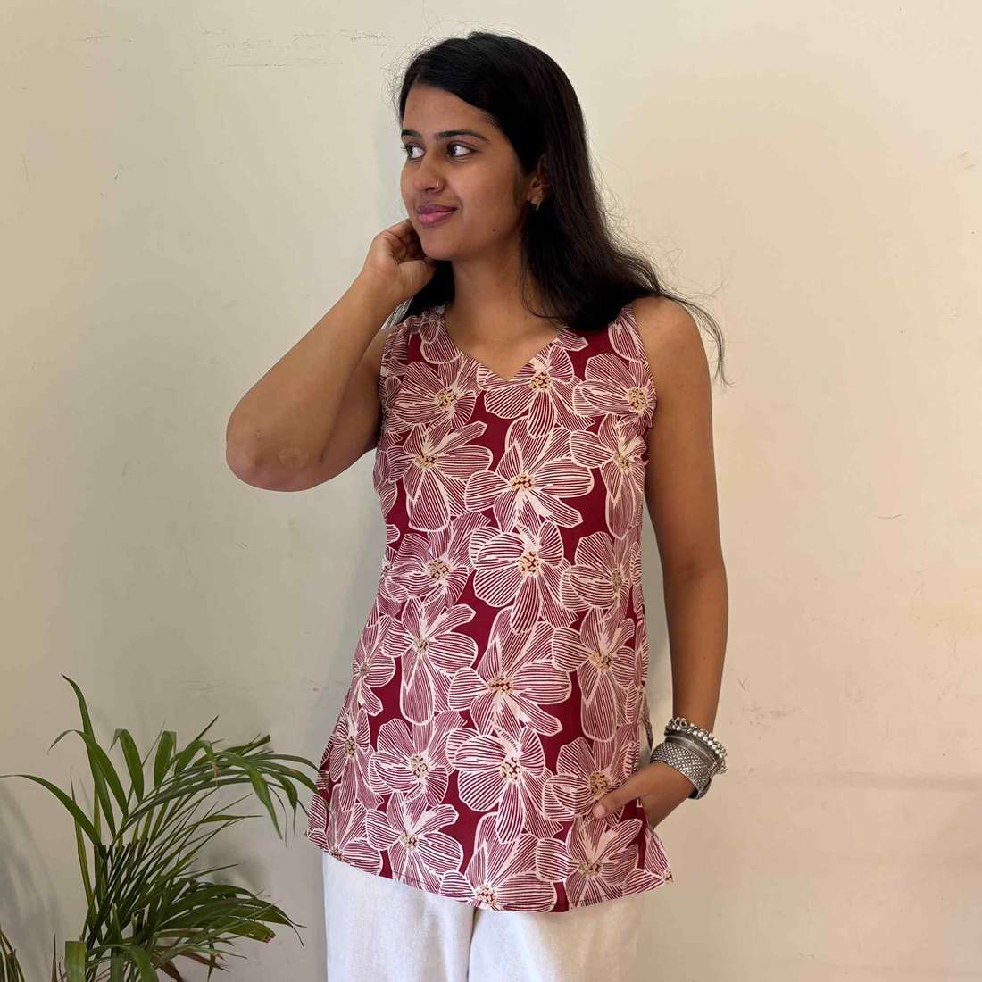 Red Floral Print Cut Sleeves Pure Cotton Short Kurti For Women