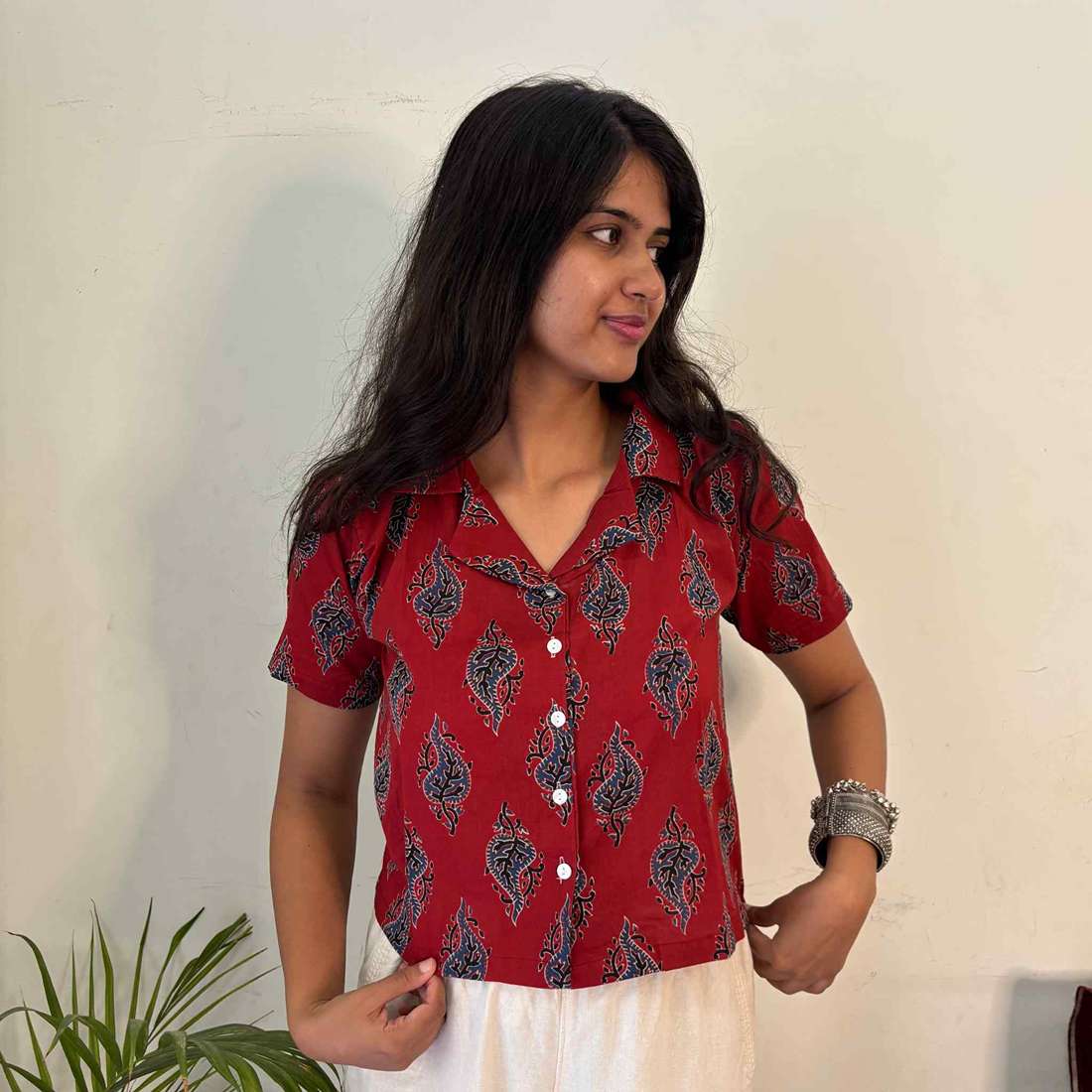 Red Jaipuri Print Pure Cotton Crop Shirt  For Women