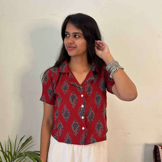 Red Jaipuri Print Pure Cotton Crop Shirt  For Women