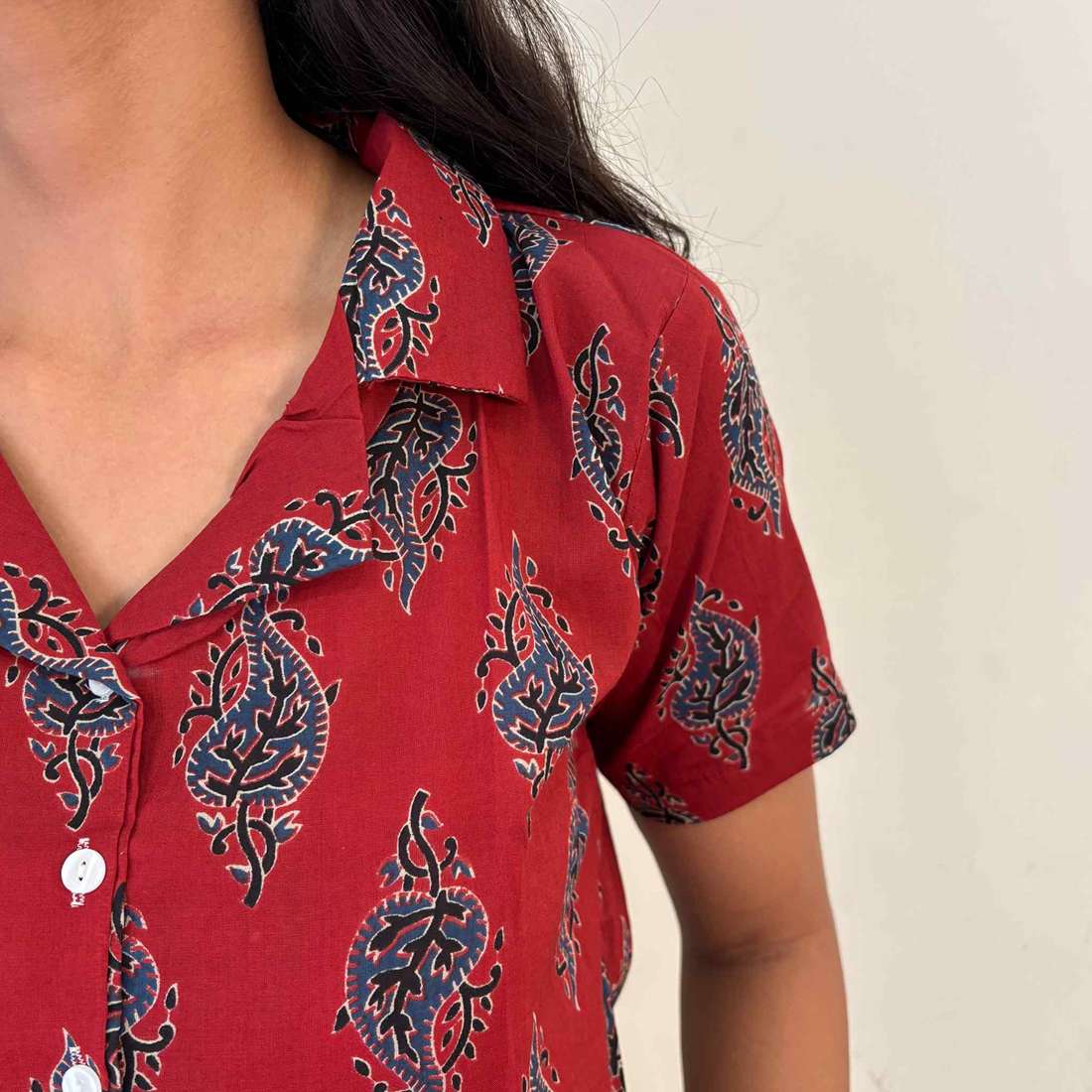 Red Jaipuri Print Pure Cotton Crop Shirt  For Women