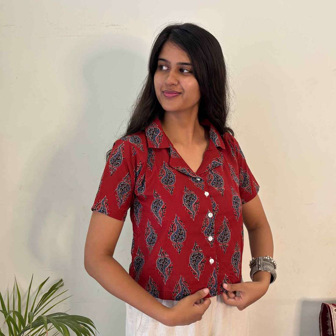 Red Jaipuri Print Pure Cotton Crop Shirt  For Women