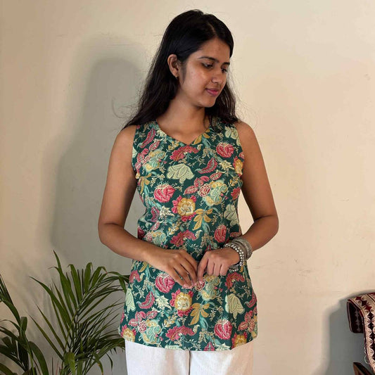 Green Floral Print Cut Sleeves Pure Cotton Short Kurti For Women