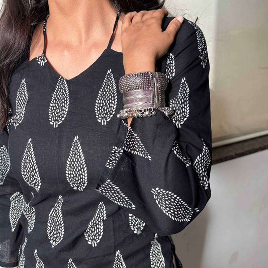 Black Jaipuri Print Corset Back Kurti Pure Cotton For Women
