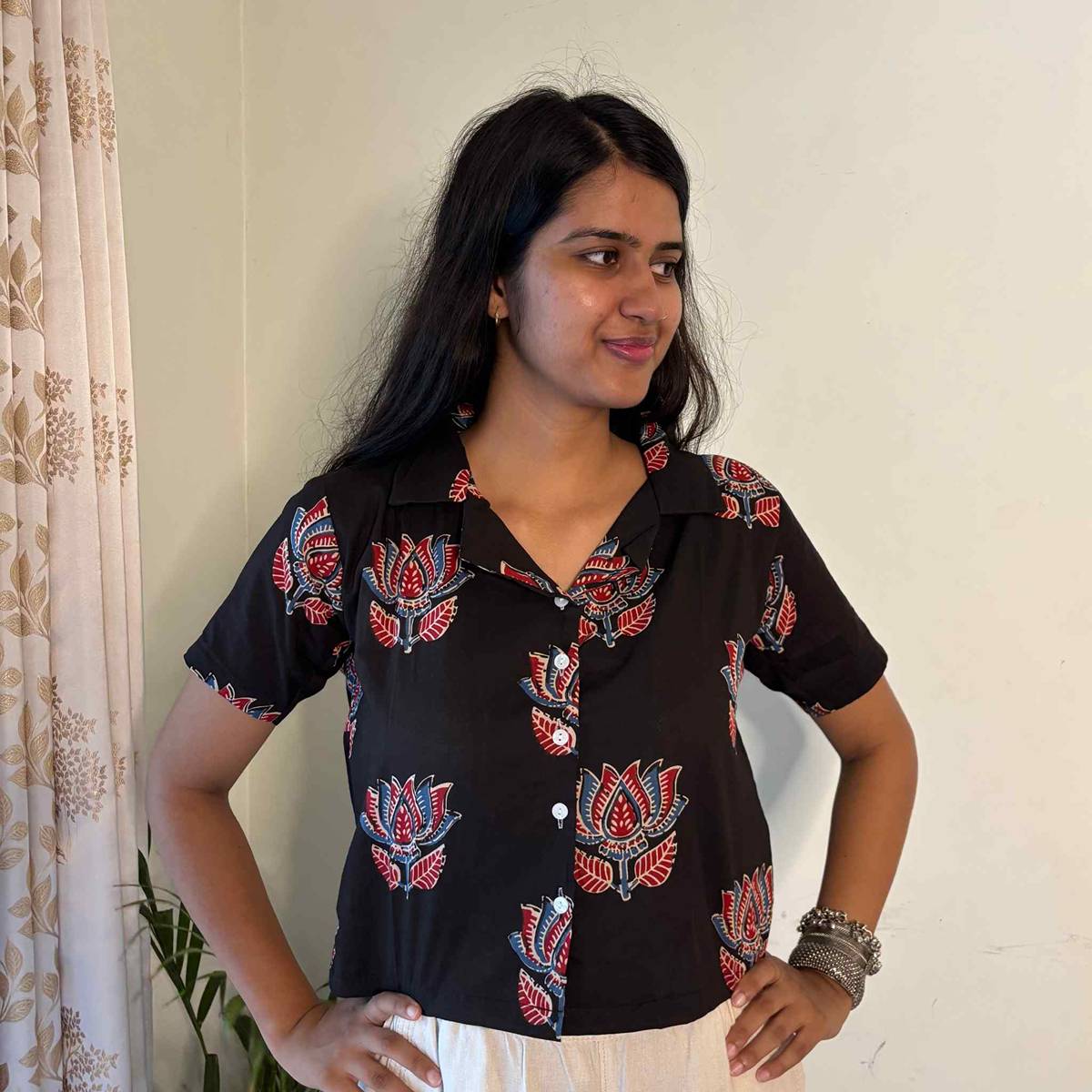 Black Jaipuri Print Pure Cotton Crop Shirt  For Women
