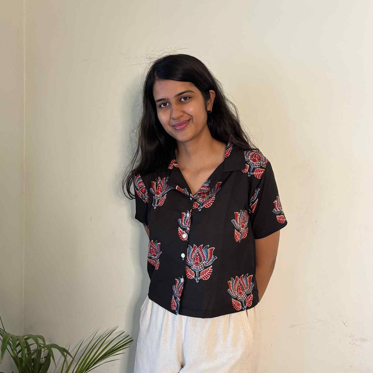 Black Jaipuri Print Pure Cotton Crop Shirt  For Women