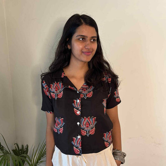 Black Jaipuri Print Pure Cotton Crop Shirt  For Women