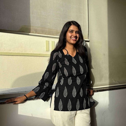 Black Jaipuri Print Corset Back Kurti Pure Cotton For Women