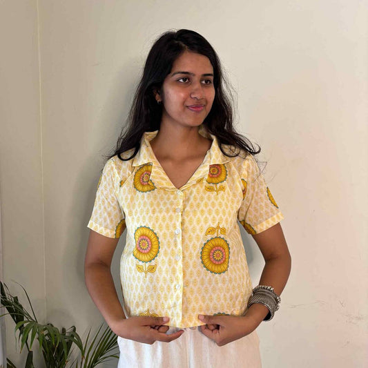 Pure Cotton Crop Shirt Yellow Print Color For Women