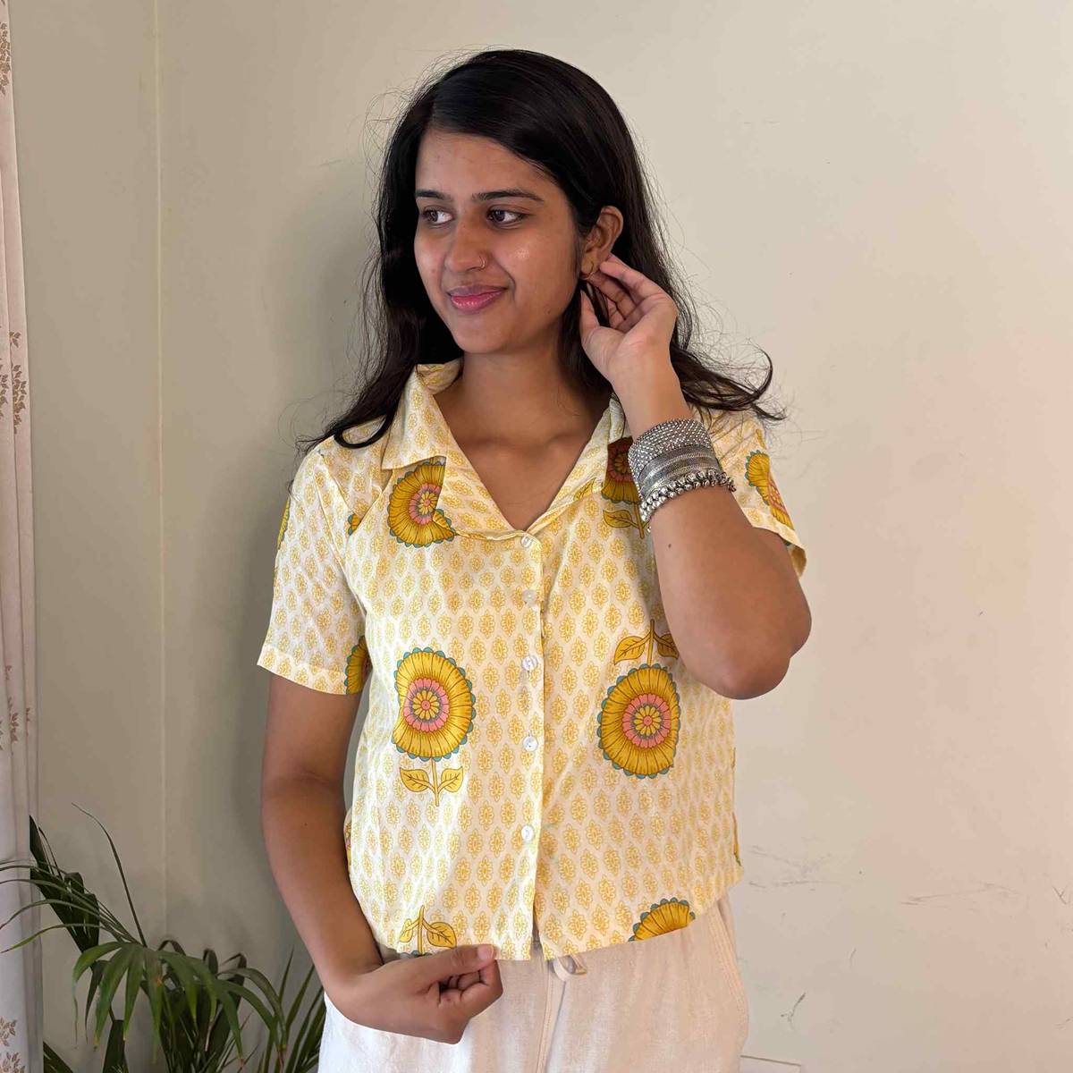 Pure Cotton Crop Shirt Yellow Print Color For Women