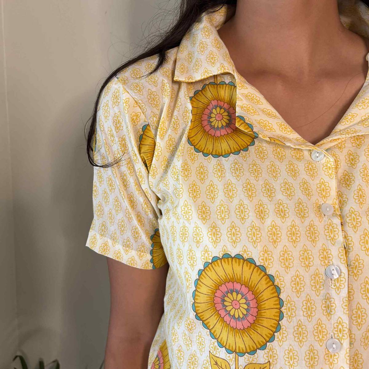 Pure Cotton Crop Shirt Yellow Print Color For Women