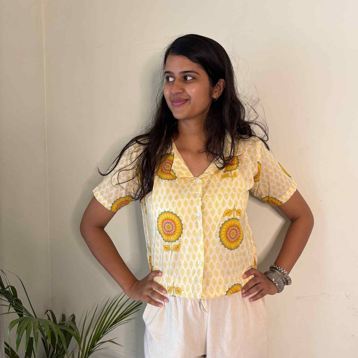 Pure Cotton Crop Shirt Yellow Print Color For Women