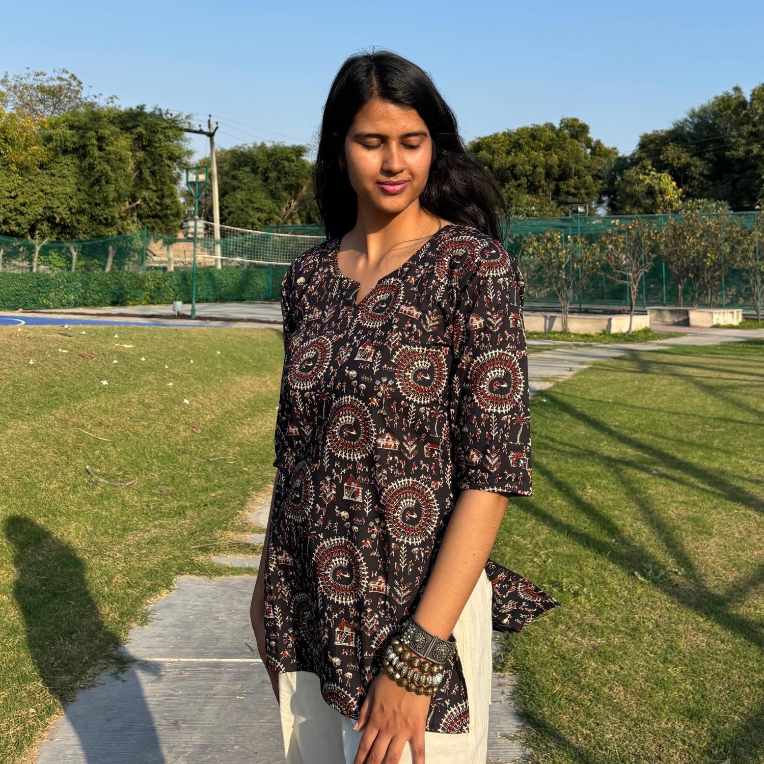 Black Pure Cotton 3/4th Sleeves Printed Short Kurti For Women