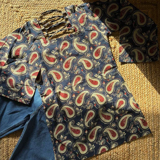 Dark Blue Pure Cotton Full Sleeves Jaipuri PrintShort Kurti With Back Zig Zag Dori For Women