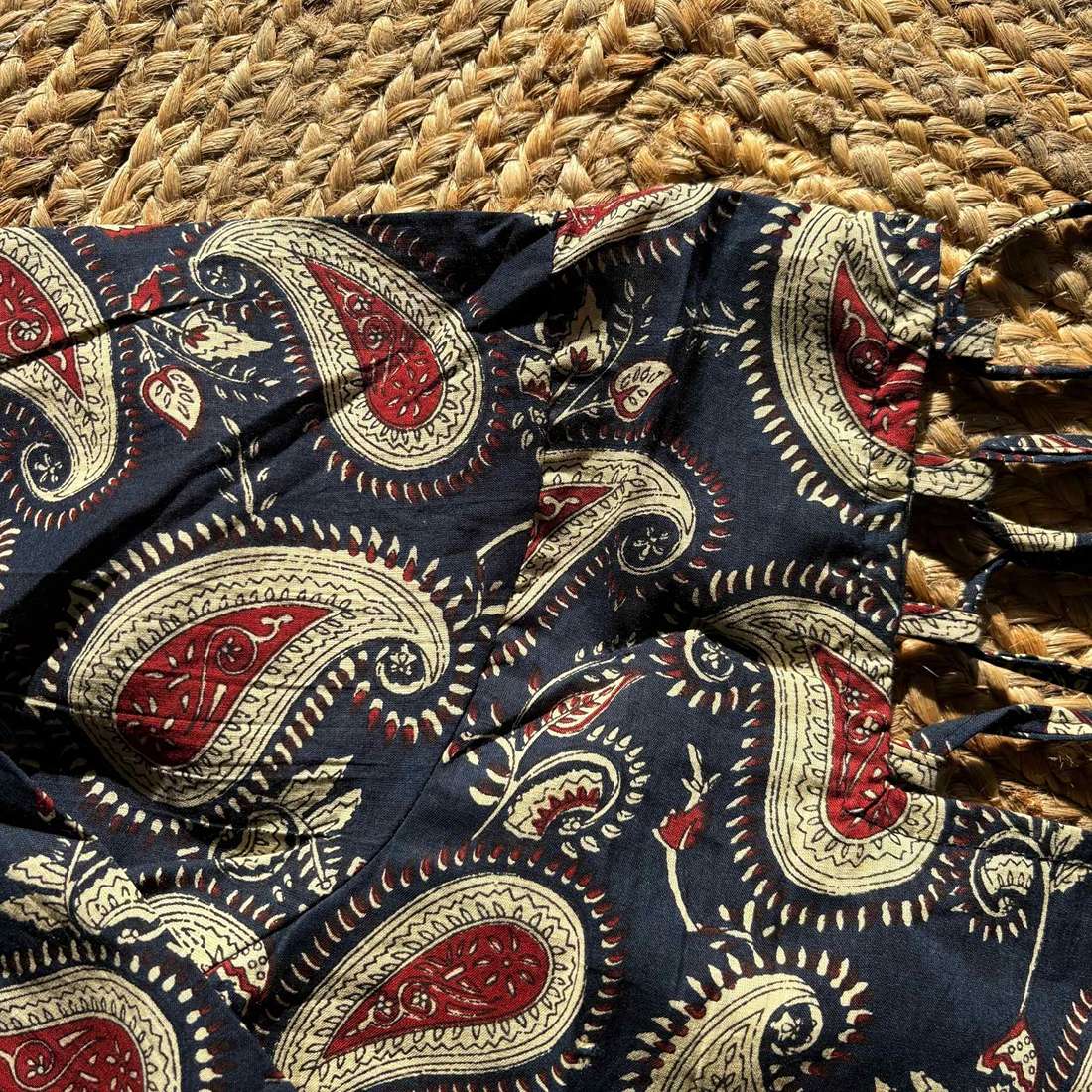 Dark Blue Pure Cotton Full Sleeves Jaipuri PrintShort Kurti With Back Zig Zag Dori For Women