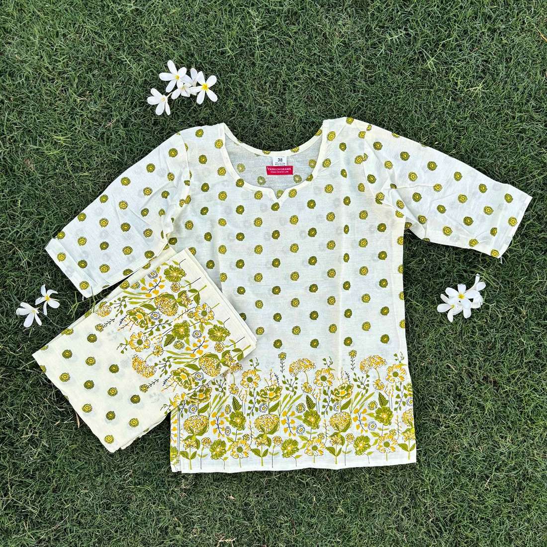 Cotton Green White Printed Co-ord Set For Women