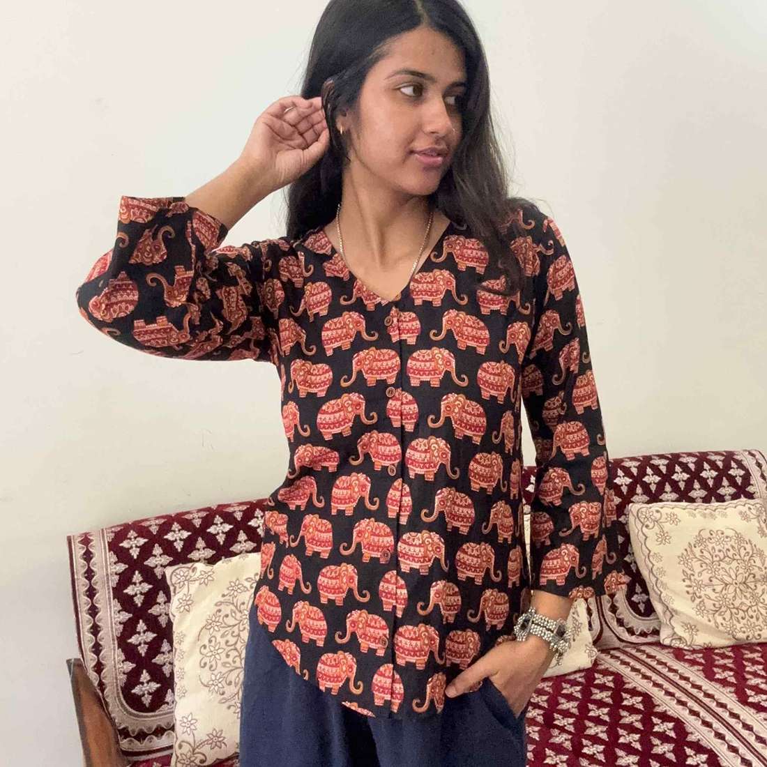 Black Pure Cotton Bell Sleeves Elephant Print Short Kurti With Corset Back For Women
