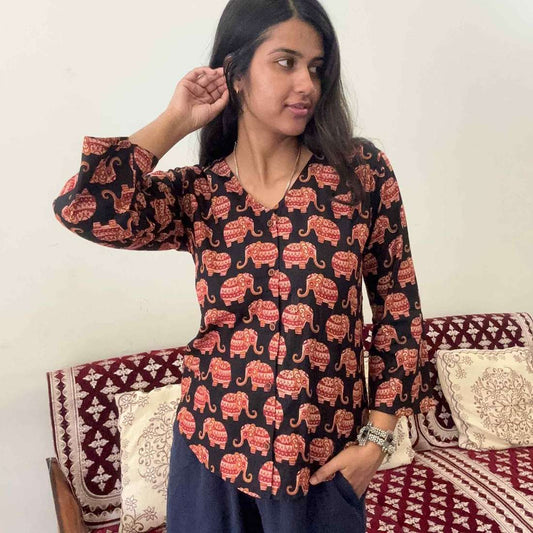 Black Pure Cotton Bell Sleeves Elephant Print Short Kurti With Corset Back For Women