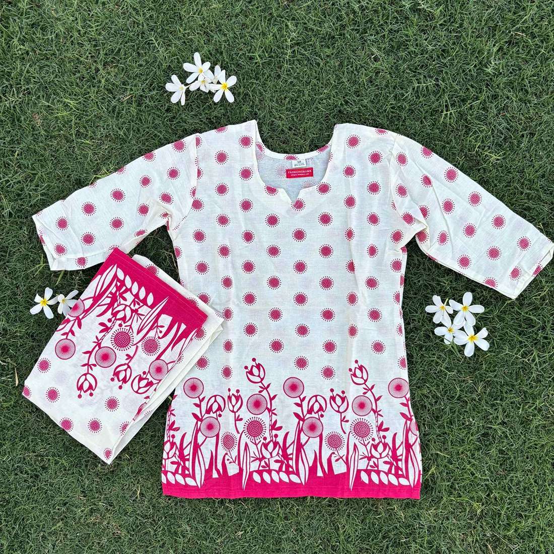 Cotton Pink White Printed Co-ord Set For Women