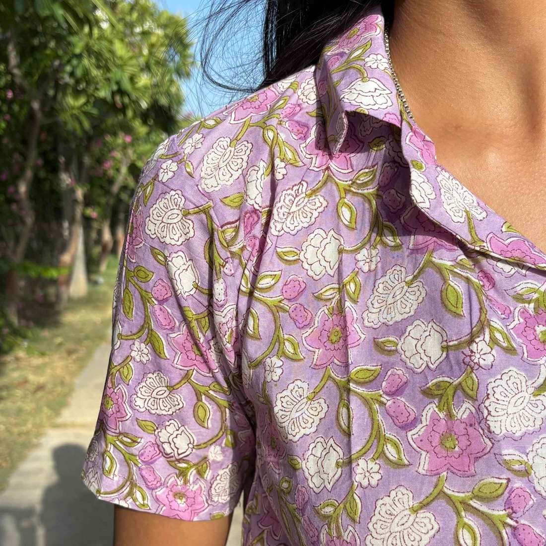 Block Print Pure Cotton Crop Shirt Light Purple Color For Women