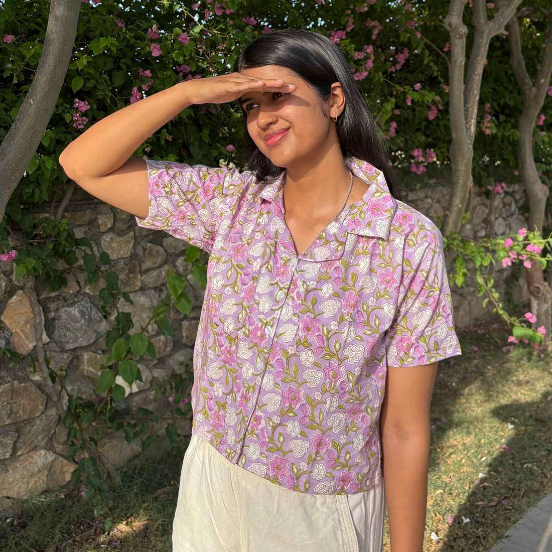 Block Print Pure Cotton Crop Shirt Light Purple Color For Women