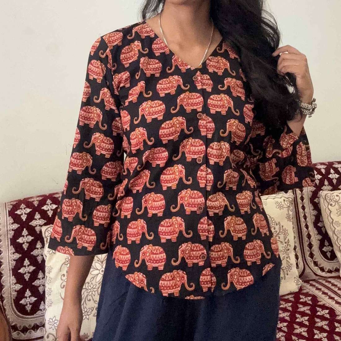Black Pure Cotton Bell Sleeves Elephant Print Short Kurti With Corset Back For Women