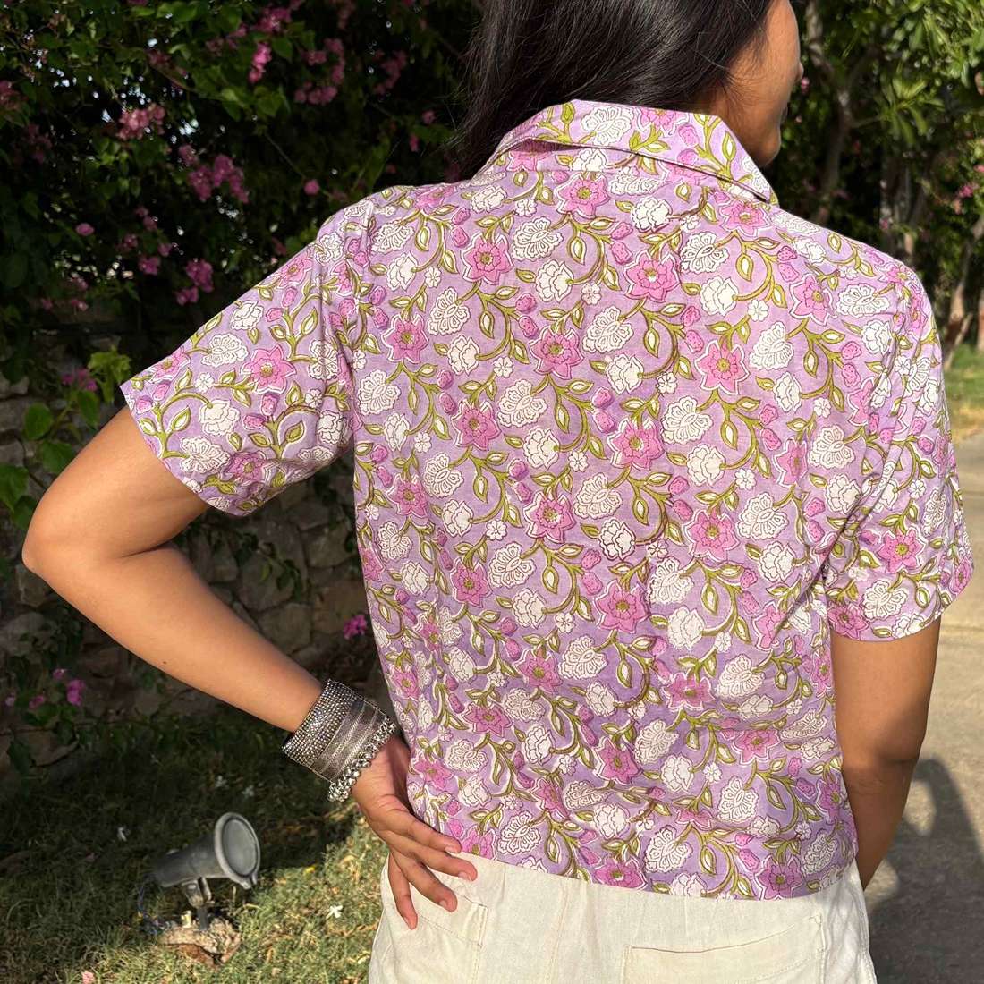 Block Print Pure Cotton Crop Shirt Light Purple Color For Women