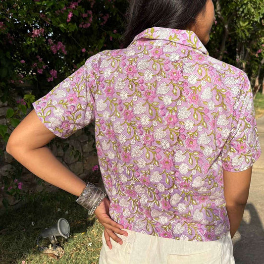 Block Print Pure Cotton Crop Shirt Light Purple Color For Women