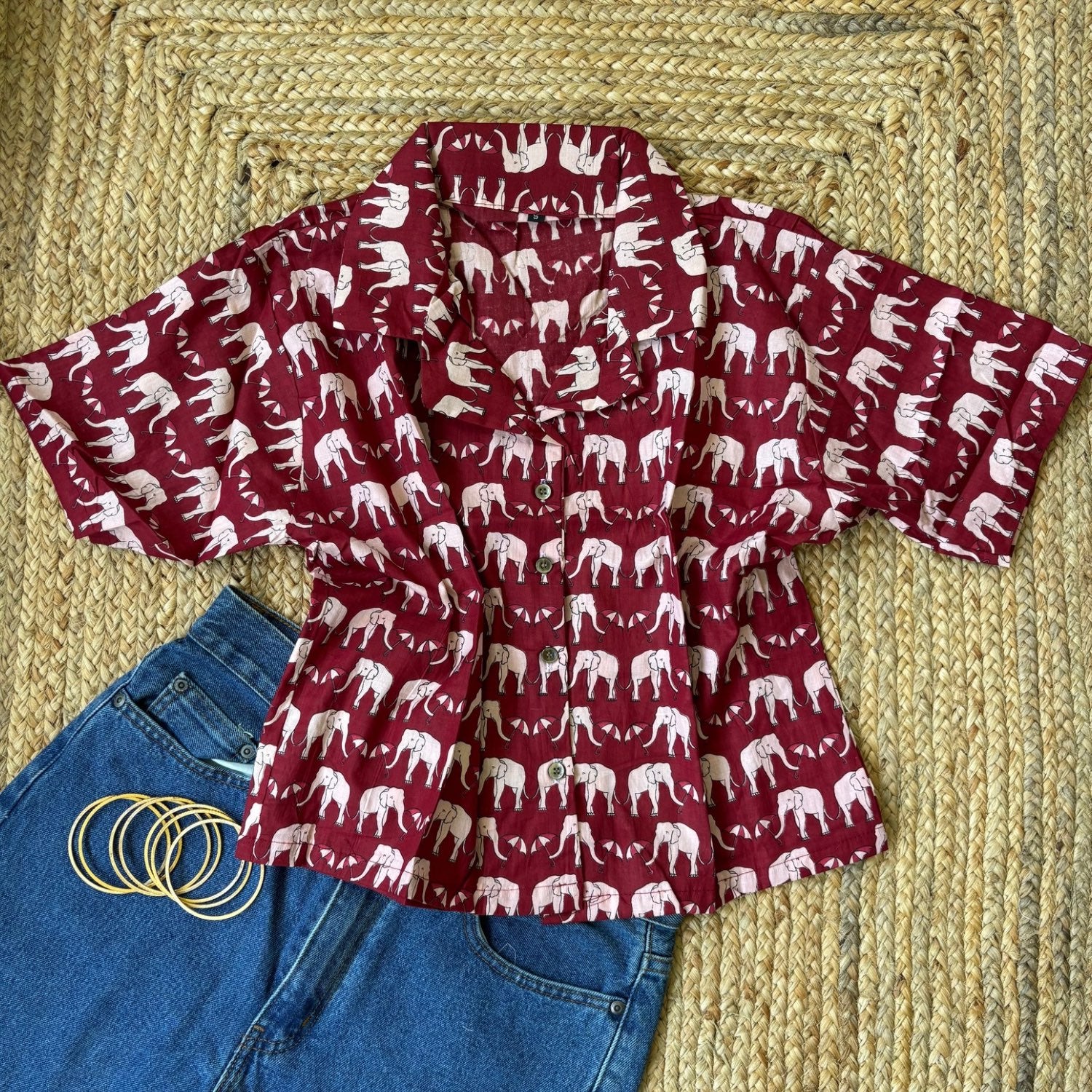 Red Cute Elephant Print Crop Shirt Pure Cotton For Women