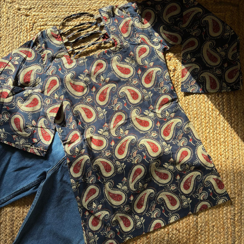 Dark Blue Pure Cotton Full Sleeves Jaipuri PrintShort Kurti With Back Zig Zag Dori For Women