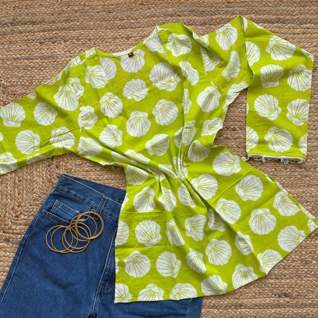 Neon Green Cotton Square Neck Kurti For Women