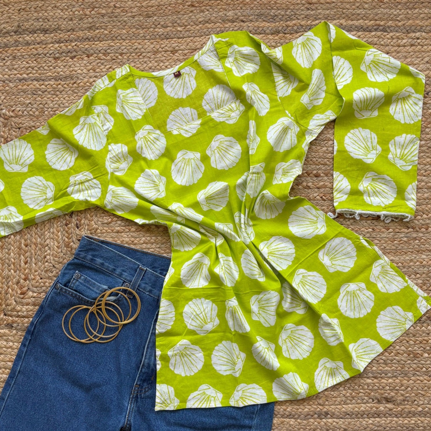 Neon Green Cotton Square Neck Kurti For Women