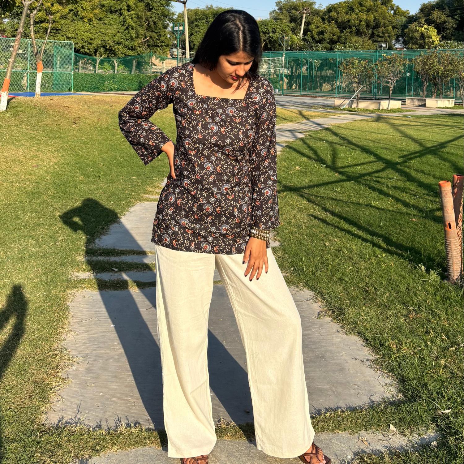 Pure Cotton Full Sleeves Black Jaipuri Printed Short Kurti With Back Zig Zag Dori