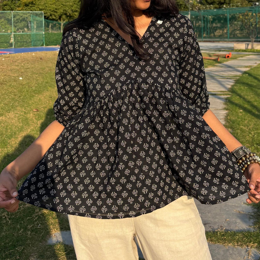 Alia Cut Pure Cotton Black Printed Short Kurti For Women