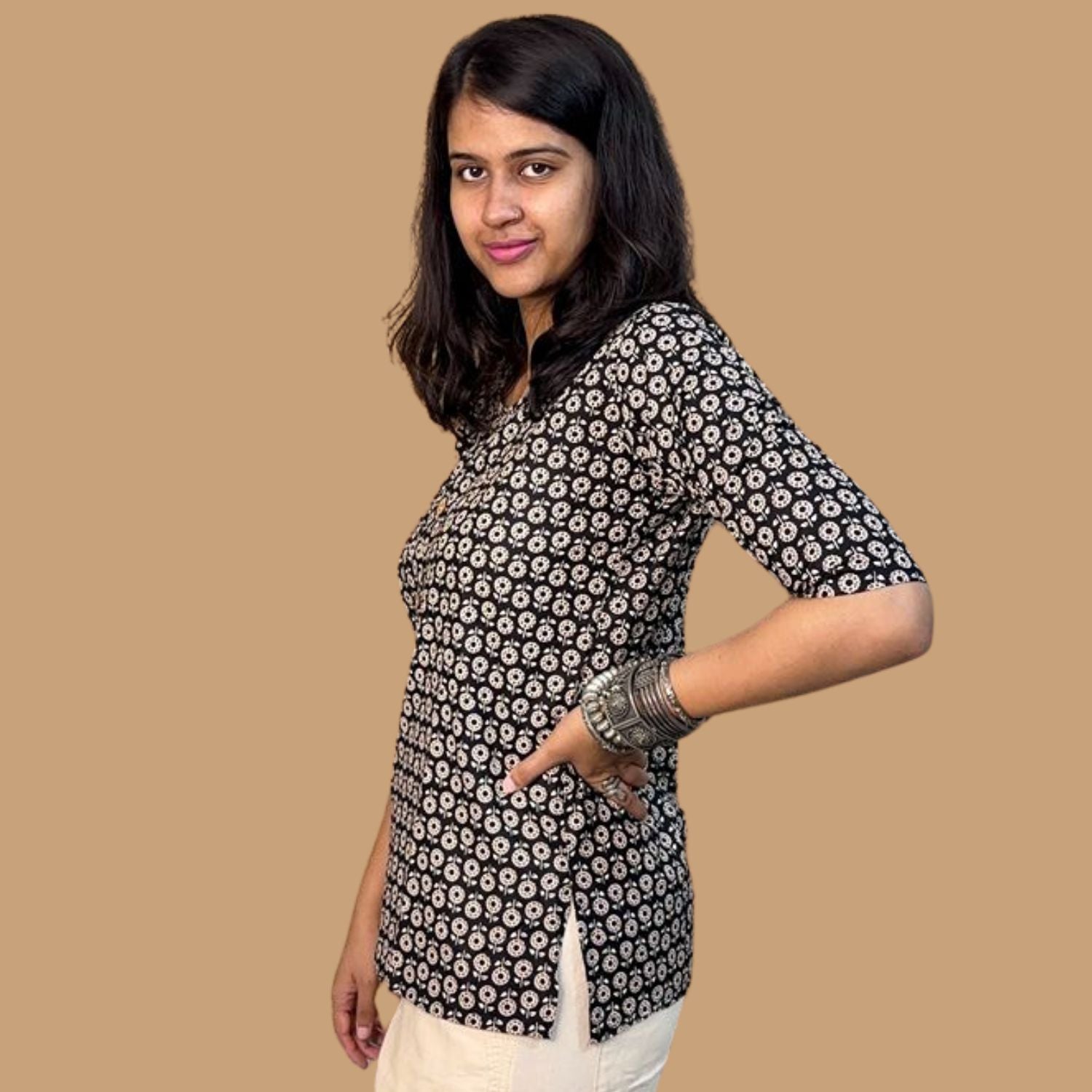 Daily Wear Black Printed Short Kurti For Women