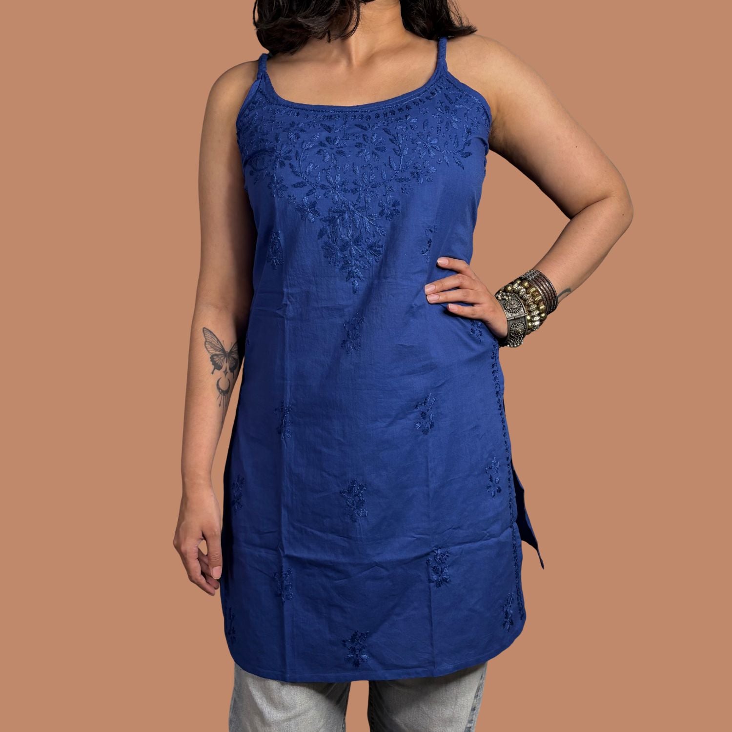 Women's Blue Chikankari Cotton Strap Straight Kurta