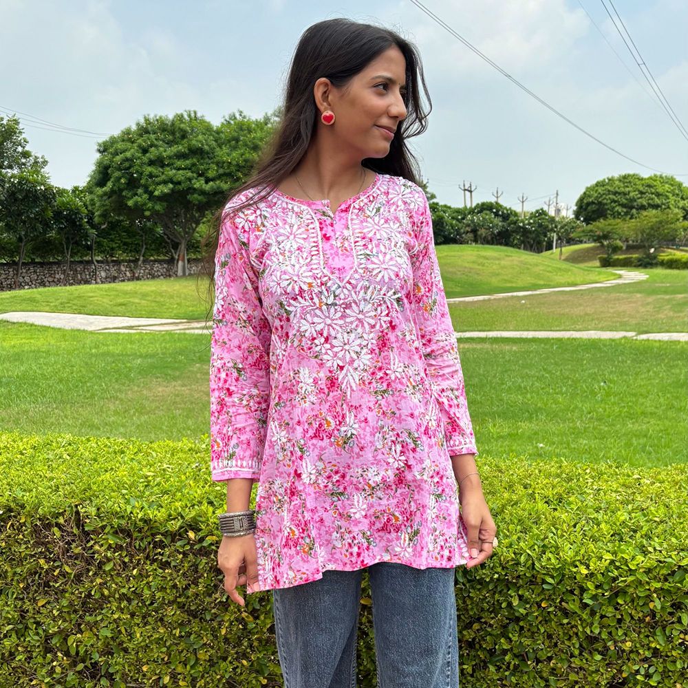 Pink Printed Cotton Chikankari Short Kurti For Women