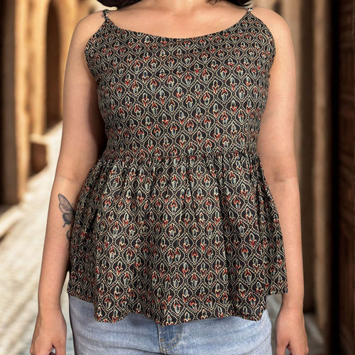 Black Cotton Printed Peplum Strap Top For Women Sleeveless