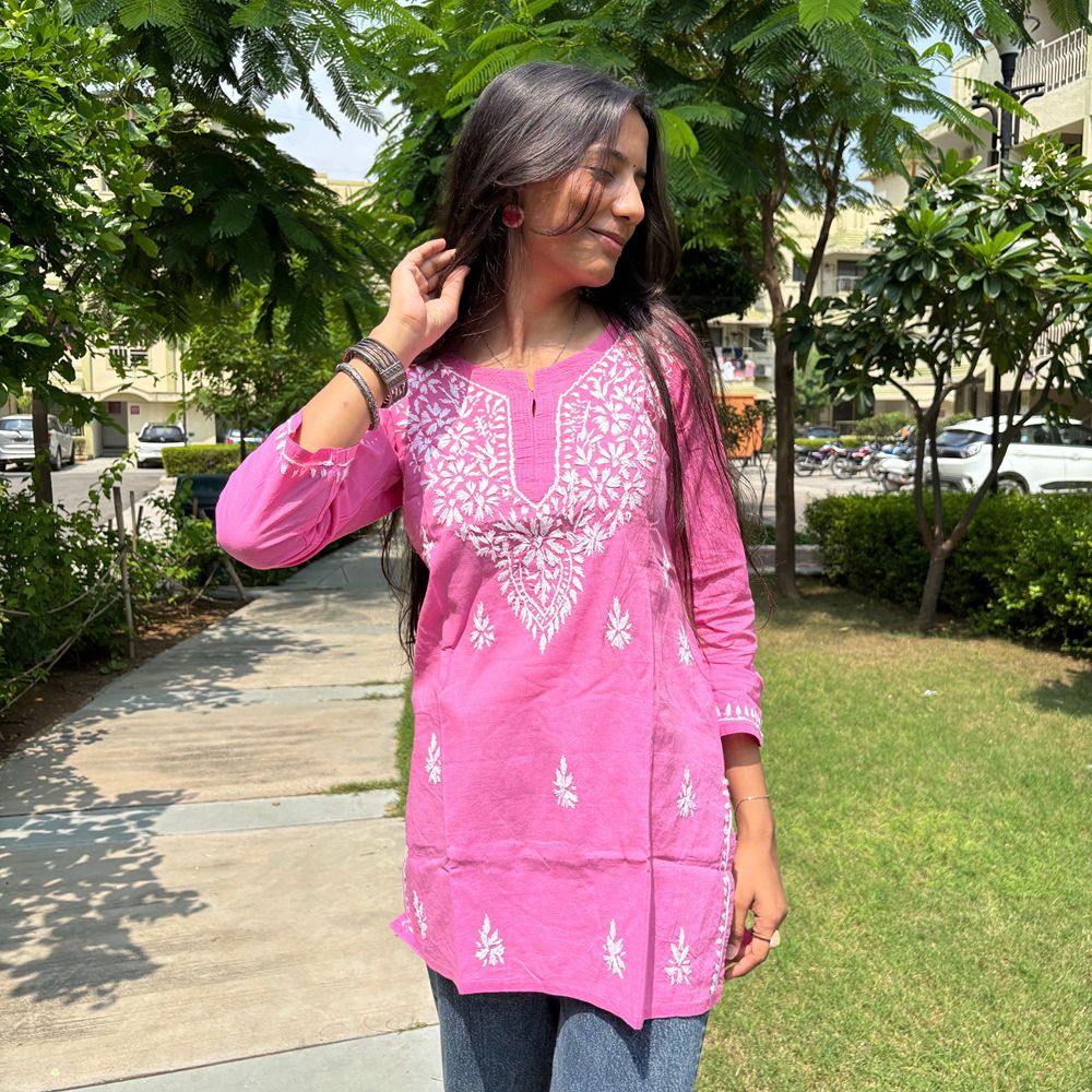Women's Pure Cotton Pink Original Hand Chikankari Work Short Kurta