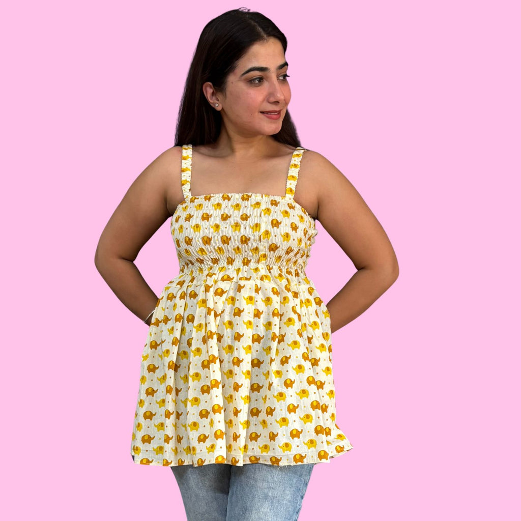 Women's Cotton Elephant Print Smocked Tank Top, Yellow, Casual Summer Wear