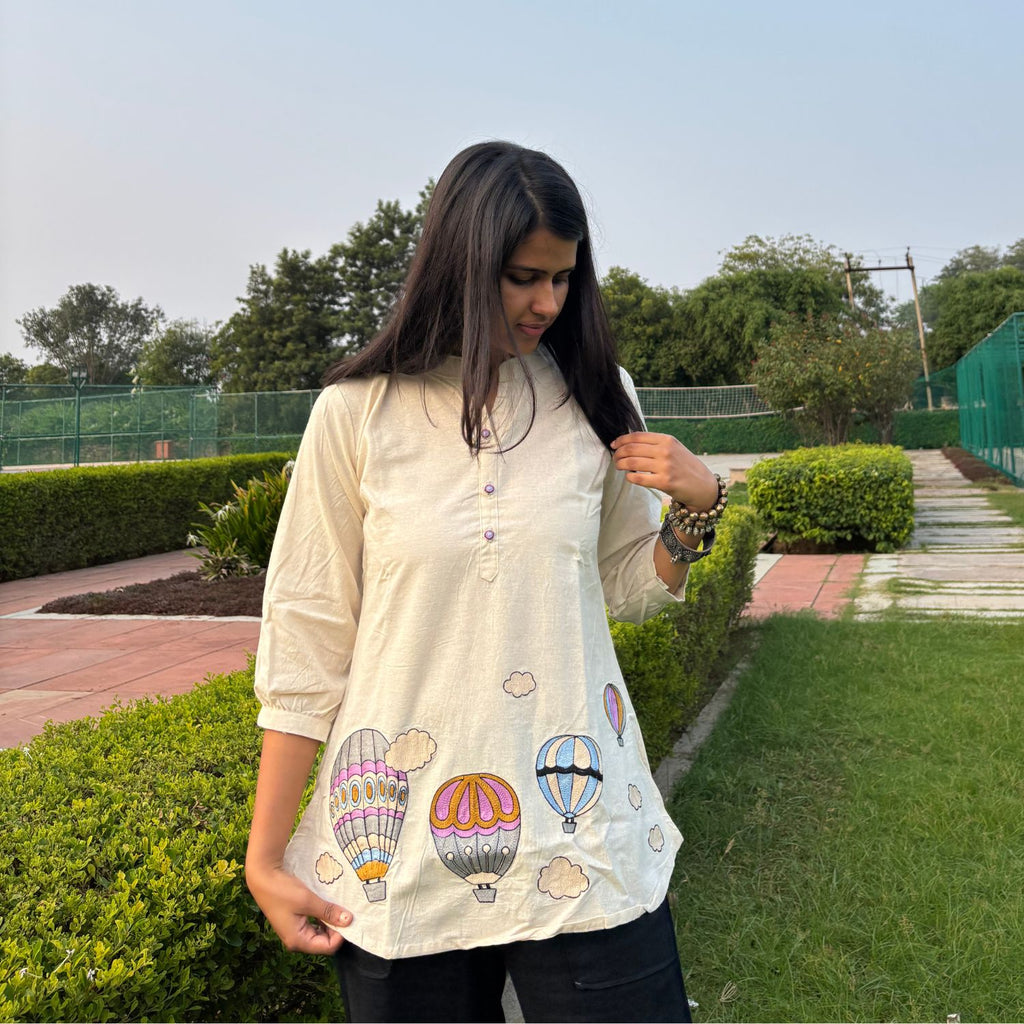 Off White Embroidery Cotton Top For Women 3/4th Sleeves