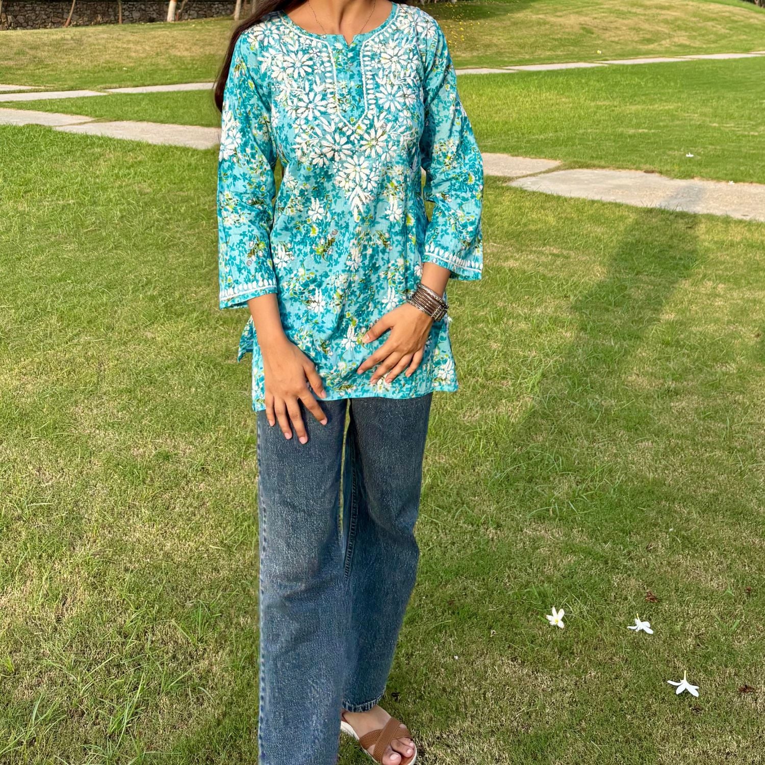 Turquoise Lucknowi Chikankari Printed Cotton Short Kurti For Women