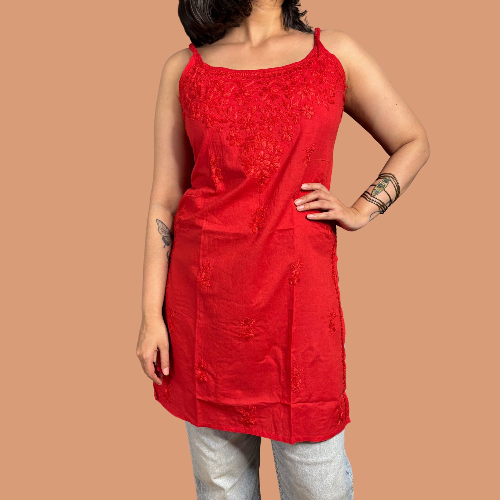 Pure Cotton Red Strap Chikankari Straight Kurta For Women