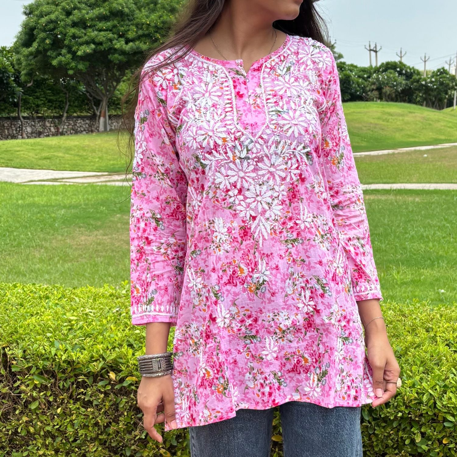 Pink Lucknowi Chikankari Printed Cotton Short Kurti For Women